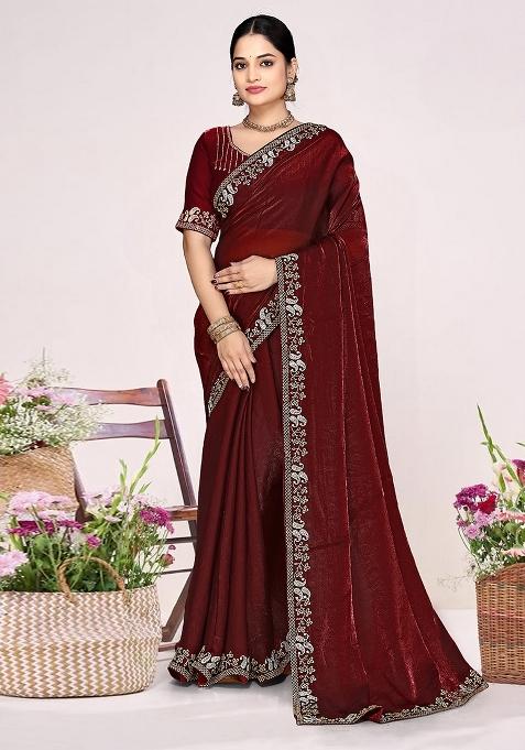 Maroon Zircon Work Satin Saree Set
