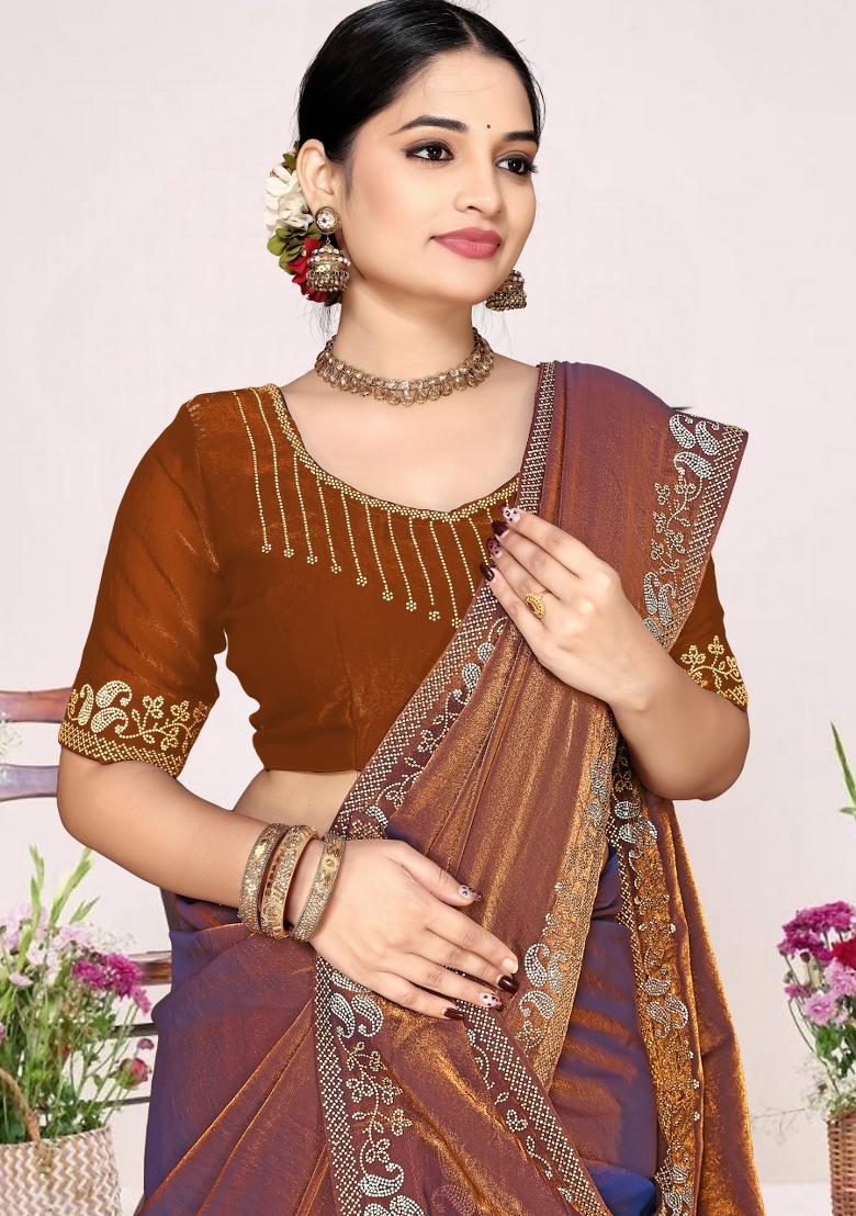 Rust Zircon Work Satin Saree Set - Indya
