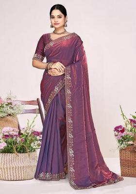 Dusty Purple Zircon Work Satin Saree Set