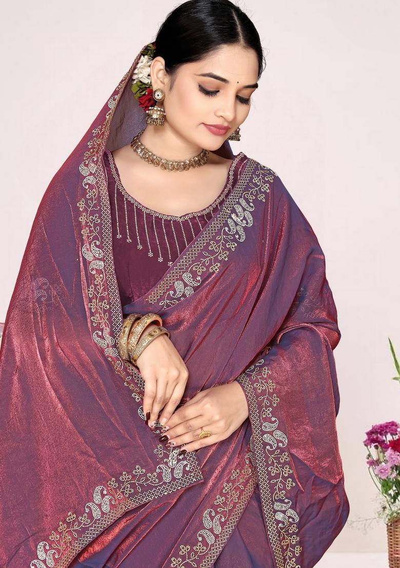Dusty Purple Zircon Work Satin Saree Set - Indya