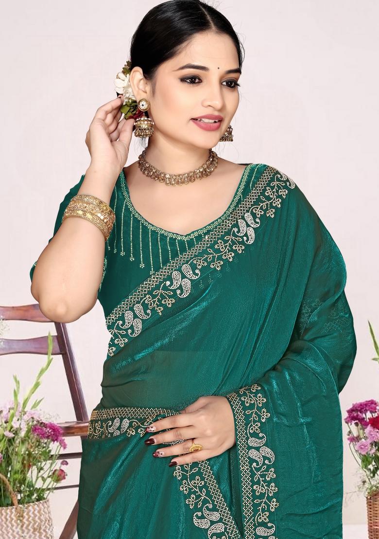 Rama Zircon Work Satin Saree Set - Indya