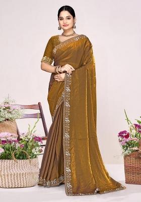 Golden Zircon Work Satin Saree Set