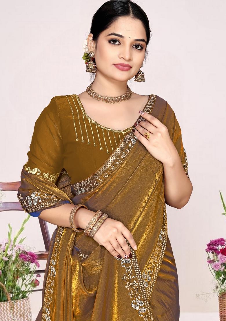 Golden Zircon Work Satin Saree Set - Indya