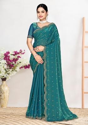 Firozi Zircon Work Satin Saree Set