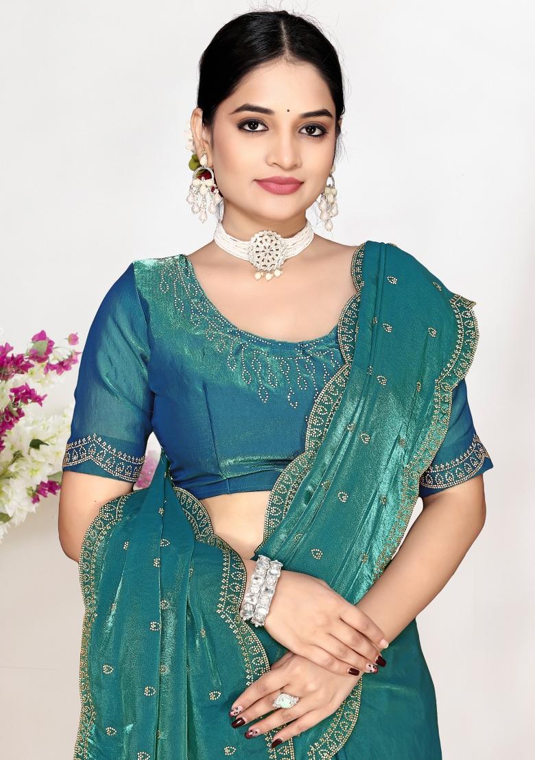 Firozi Zircon Work Satin Saree Set - Indya