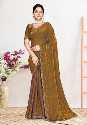Golden Zircon Work Satin Saree Set