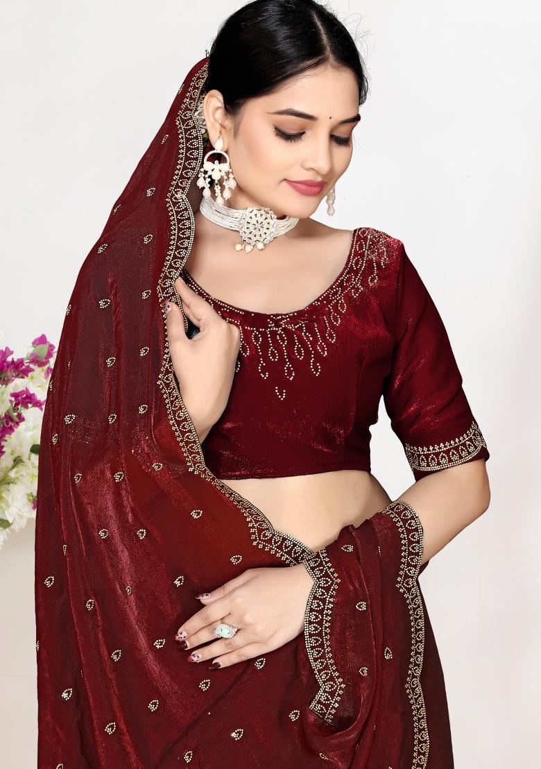 Maroon Zircon Work Satin Saree Set - Indya