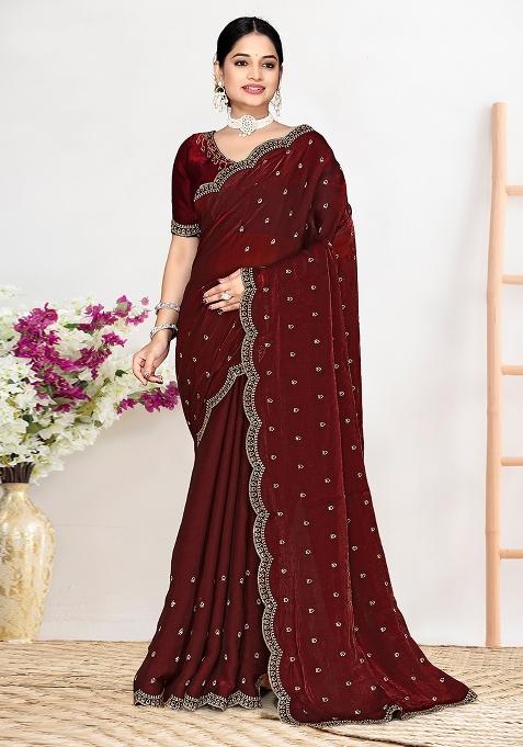 Maroon Zircon Work Satin Saree Set
