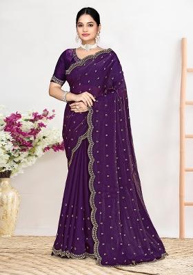 Purple Zircon Work Satin Saree Set