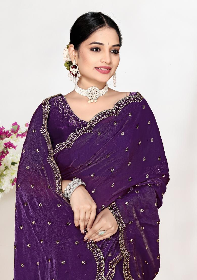 Purple Zircon Work Satin Saree Set - Indya
