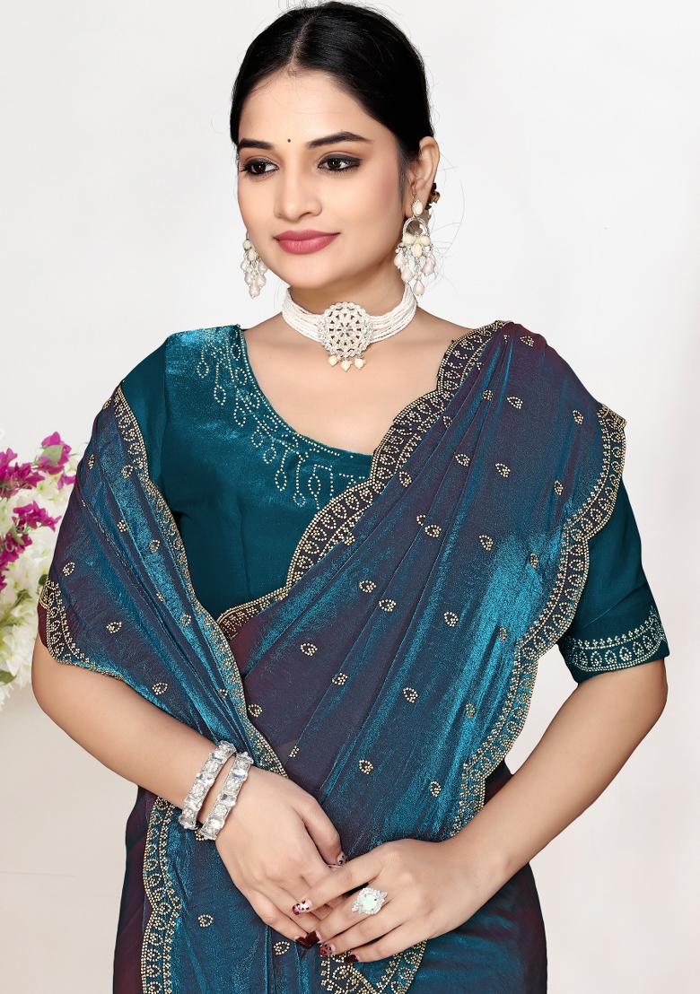 Morpeach Zircon Work Satin Saree Set - Indya