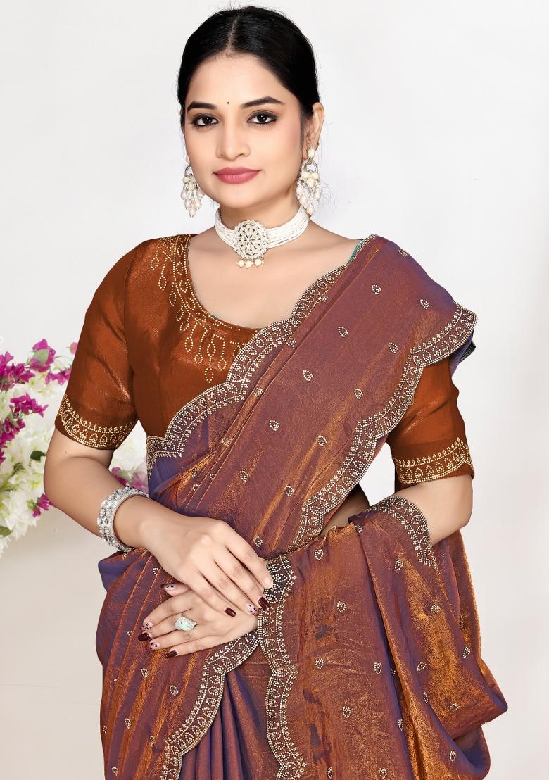 Rust Zircon Work Satin Saree Set - Indya