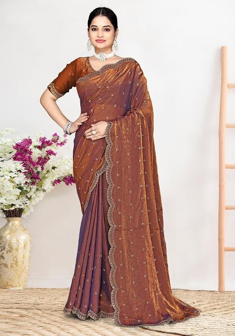 Rust Zircon Work Satin Saree Set — view on Indya