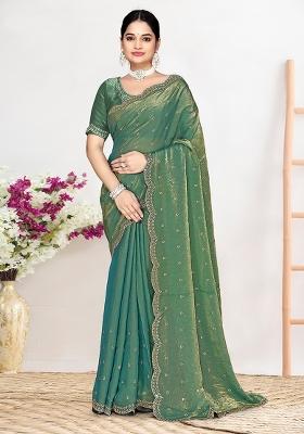 Ice Blue Zircon Work Satin Saree Set