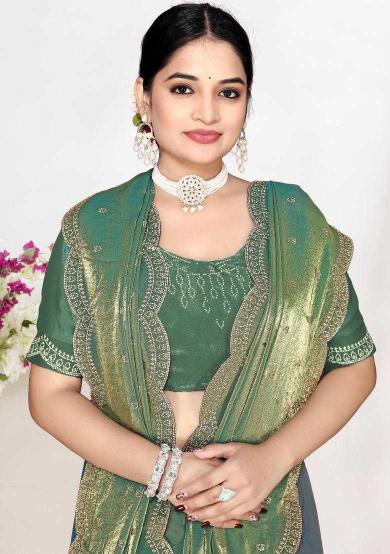 Ice Blue Zircon Work Satin Saree Set - Indya