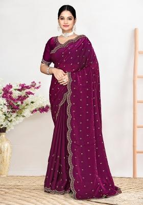 Wine Zircon Work Satin Saree Set