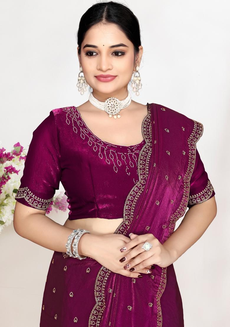 Wine Zircon Work Satin Saree Set - Indya