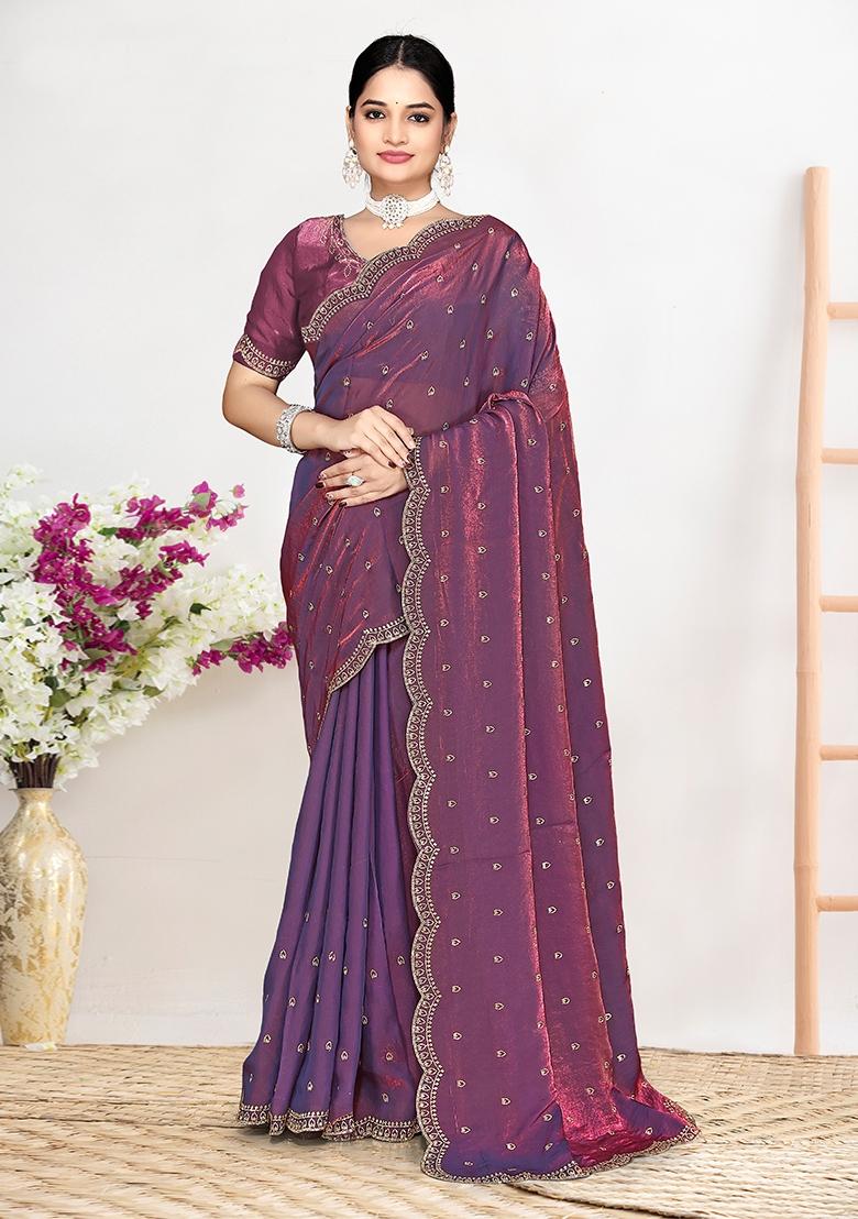 Dusty Purple Zircon Work Satin Saree Set - Indya