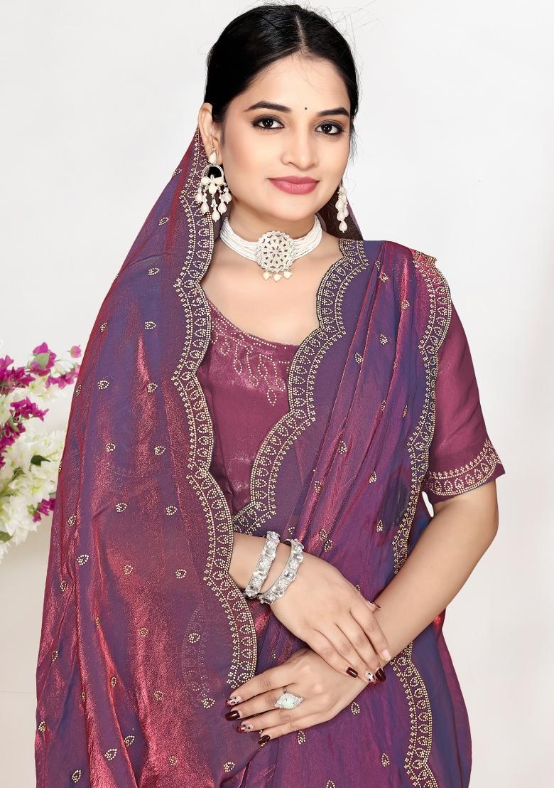 Dusty Purple Zircon Work Satin Saree Set - Indya