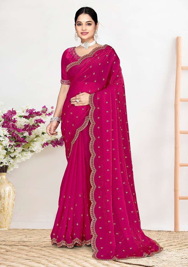 Rani Pink Zircon Work Satin Saree Set for Diwali and Festive Wear - Indya