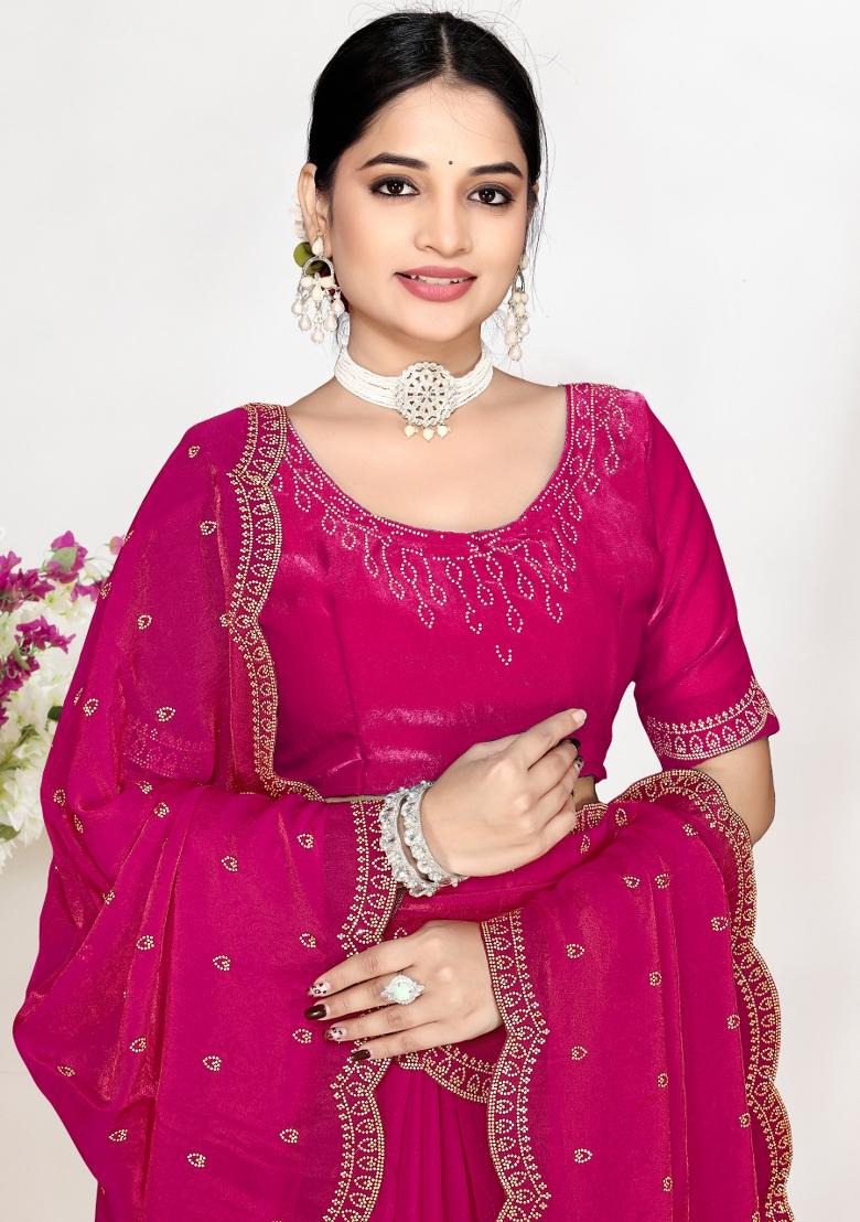 Rani Pink Zircon Work Satin Saree Set - Indya