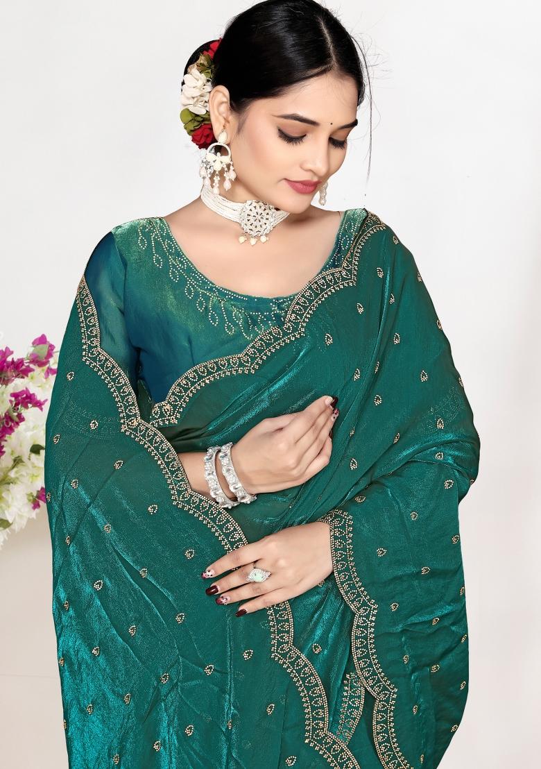 Rama Zircon Work Satin Saree Set - Indya