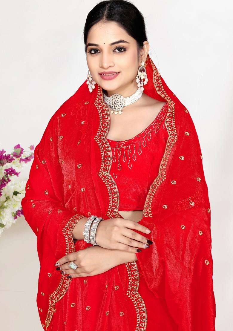 Red Zircon Work Satin Saree Set - Indya