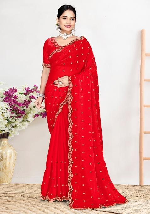 Red Zircon Work Satin Saree Set