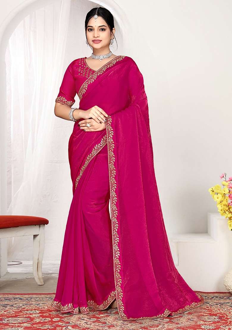 Rani Pink Zircon Work Satin Saree Set for Diwali | Wedding & Festive Wear - Indya