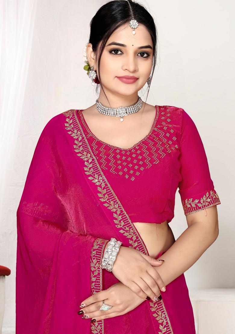 Rani Pink Zircon Work Satin Saree Set - Indya