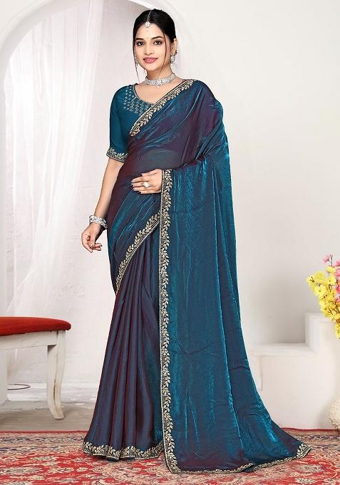 Morpeach Zircon Work Satin Saree Set — view on Indya