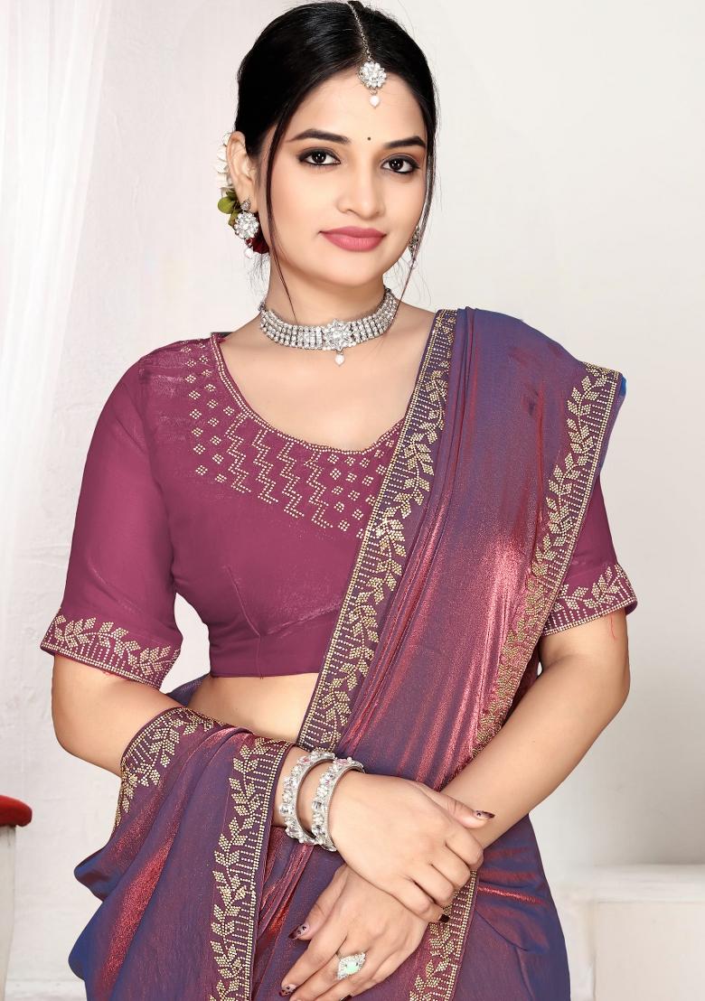Dusty Purple Zircon Work Satin Saree Set - Indya