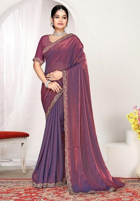 Dusty Purple Zircon Work Satin Saree Set