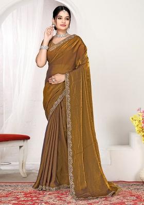 Golden Zircon Work Satin Saree Set