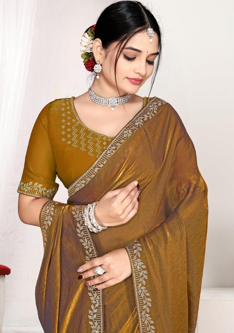 Golden Zircon Work Satin Saree Set - Indya