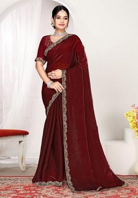 Maroon Zircon Work Satin Saree Set