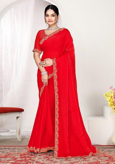 Red Zircon Work Satin Saree Set