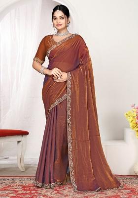 Rust Zircon Work Satin Saree Set