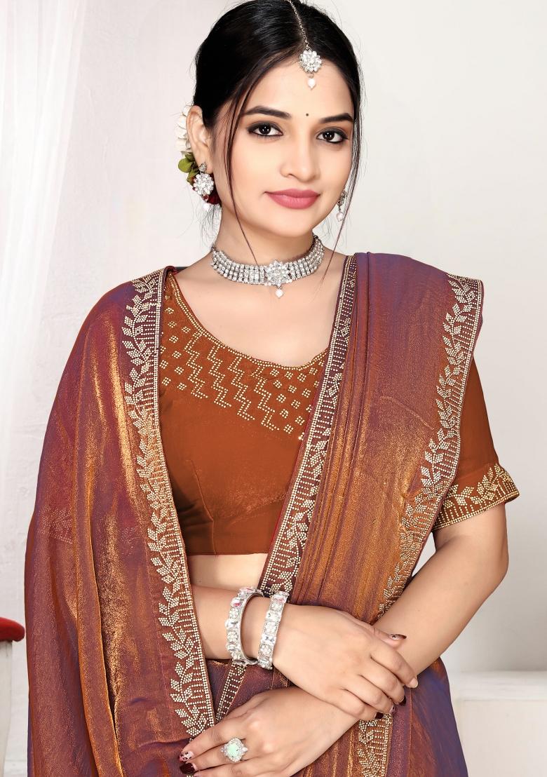Rust Zircon Work Satin Saree Set - Indya