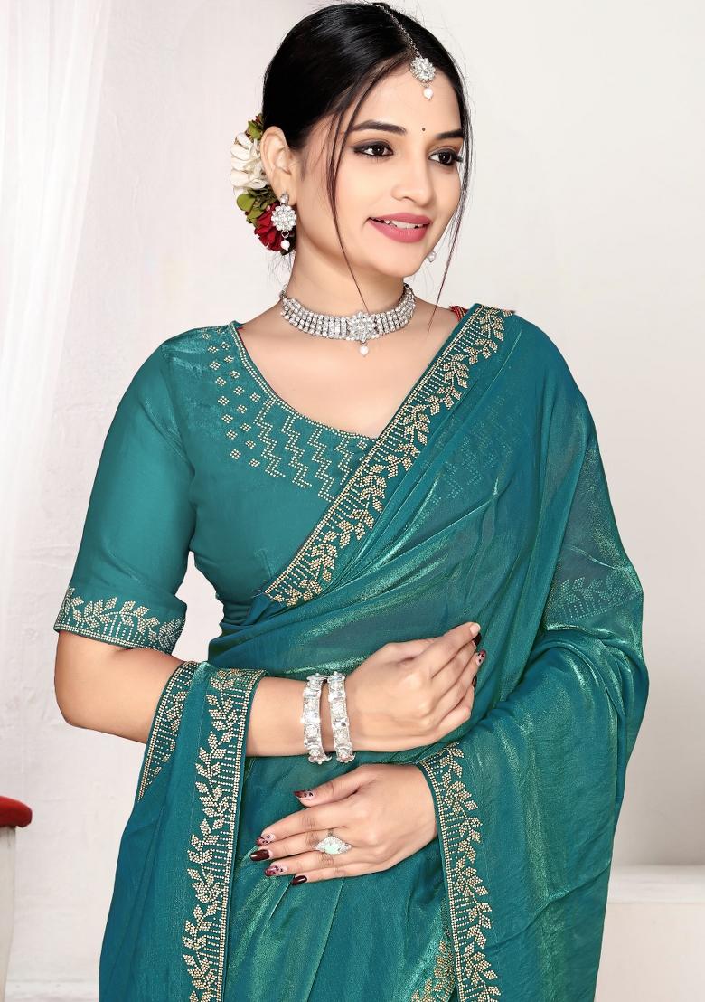 Firozi Zircon Work Satin Saree Set - Indya