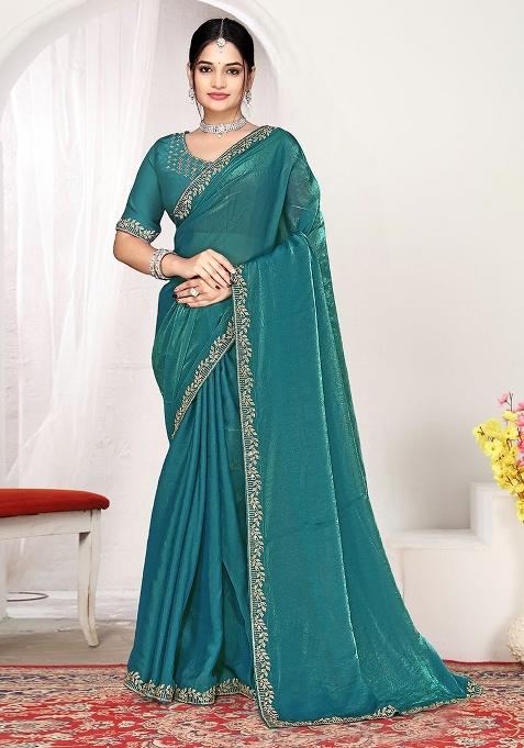 Firozi Zircon Work Satin Saree Set