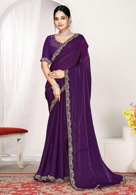 Purple Zircon Work Satin Saree Set