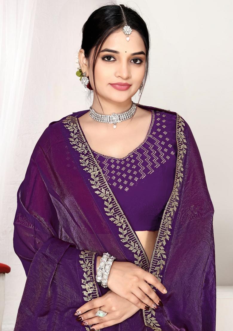 Purple Zircon Work Satin Saree Set - Indya