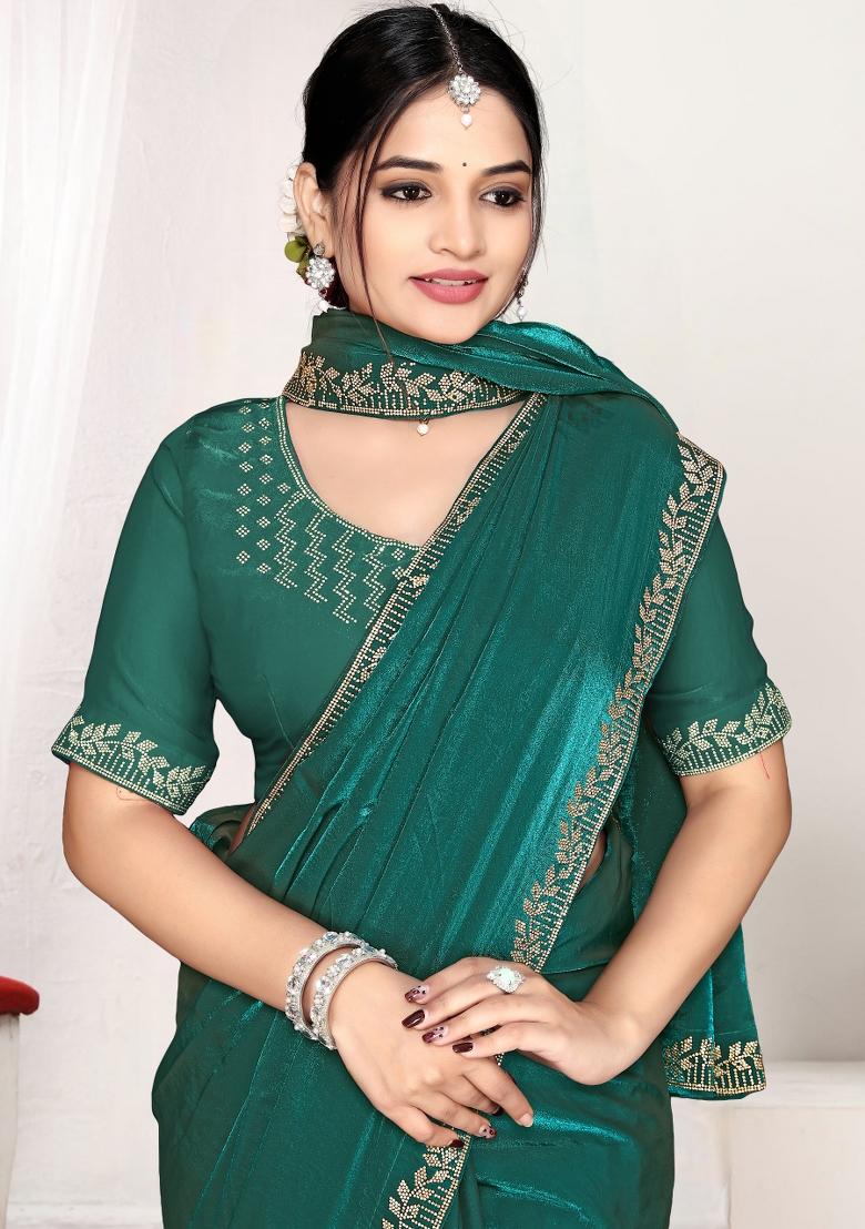 Rama Zircon Work Satin Saree Set - Indya