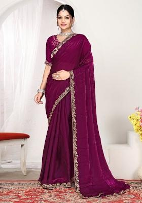 Wine Zircon Work Satin Saree Set
