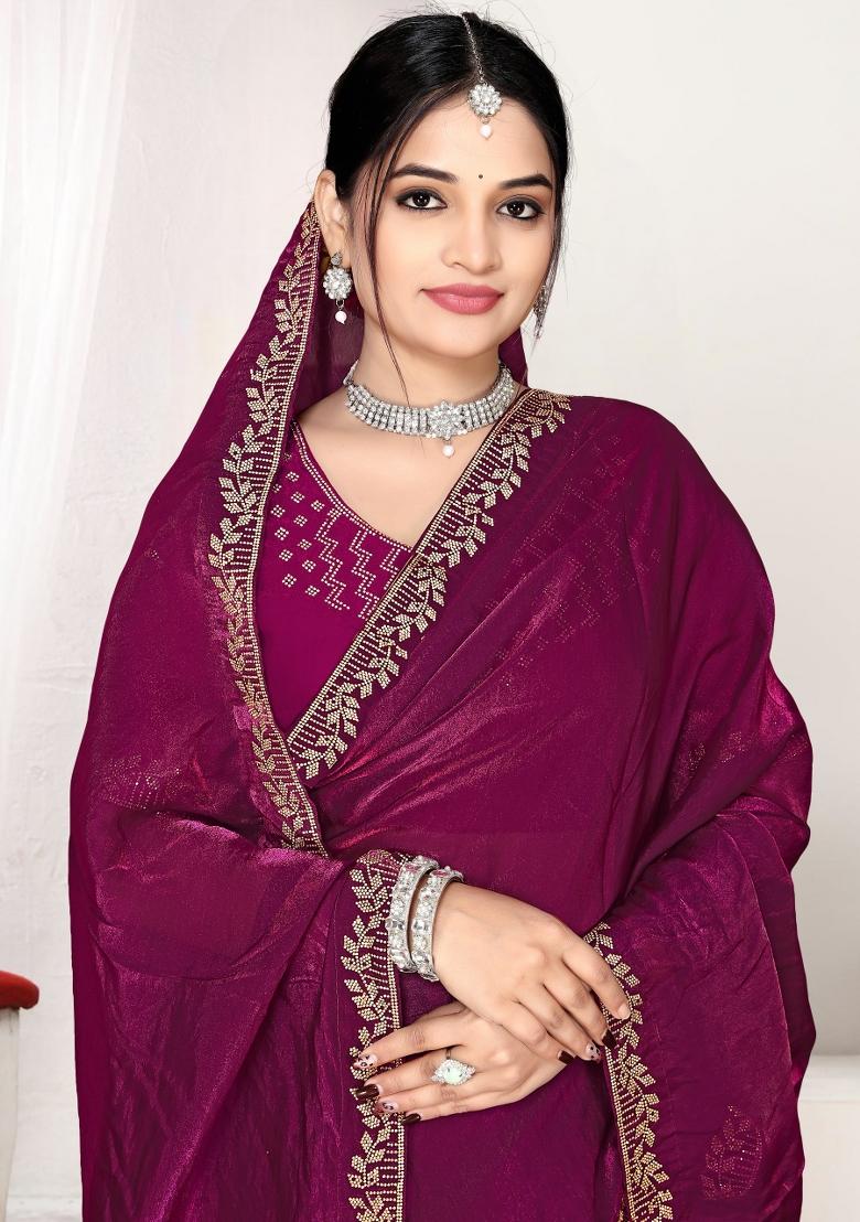 Wine Zircon Work Satin Saree Set - Indya