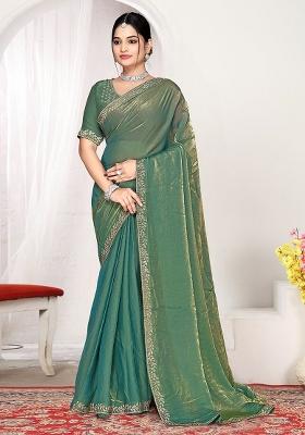 Ice Blue Zircon Work Satin Saree Set