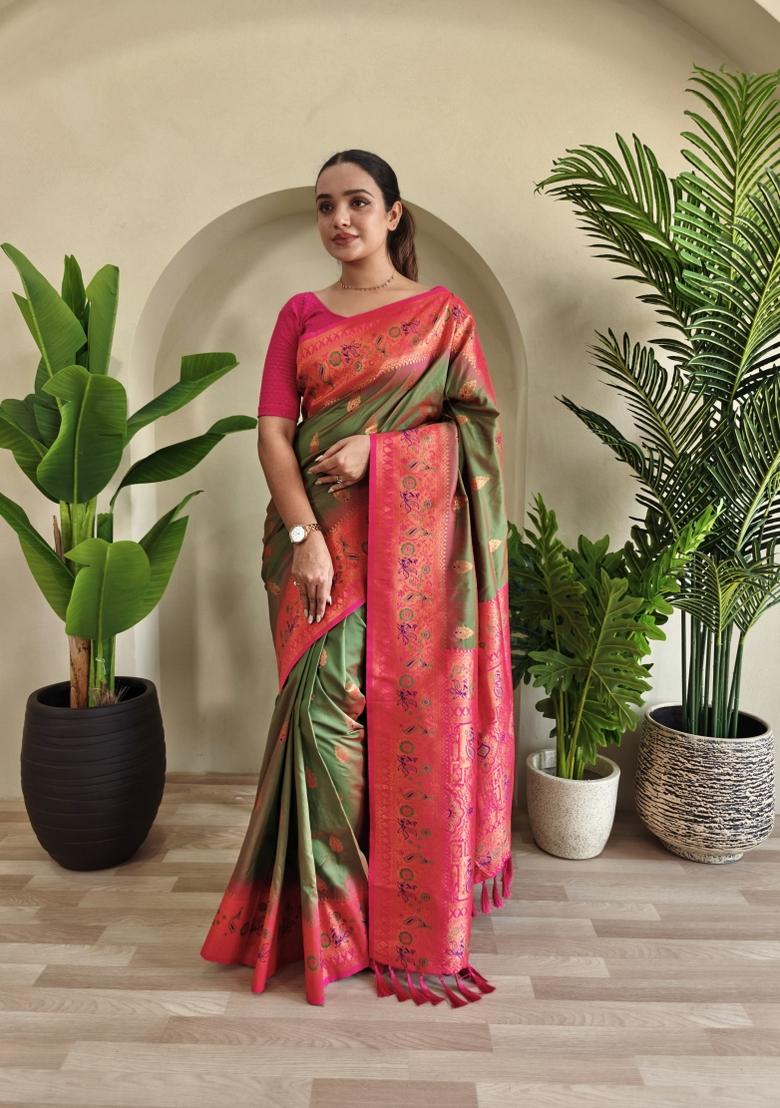 Mehendi Green Zari Work Silk Saree Set - Indya
