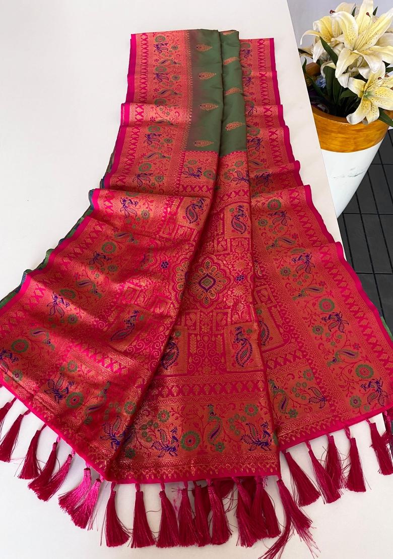 Mehendi Green Zari Work Silk Saree Set - Indya