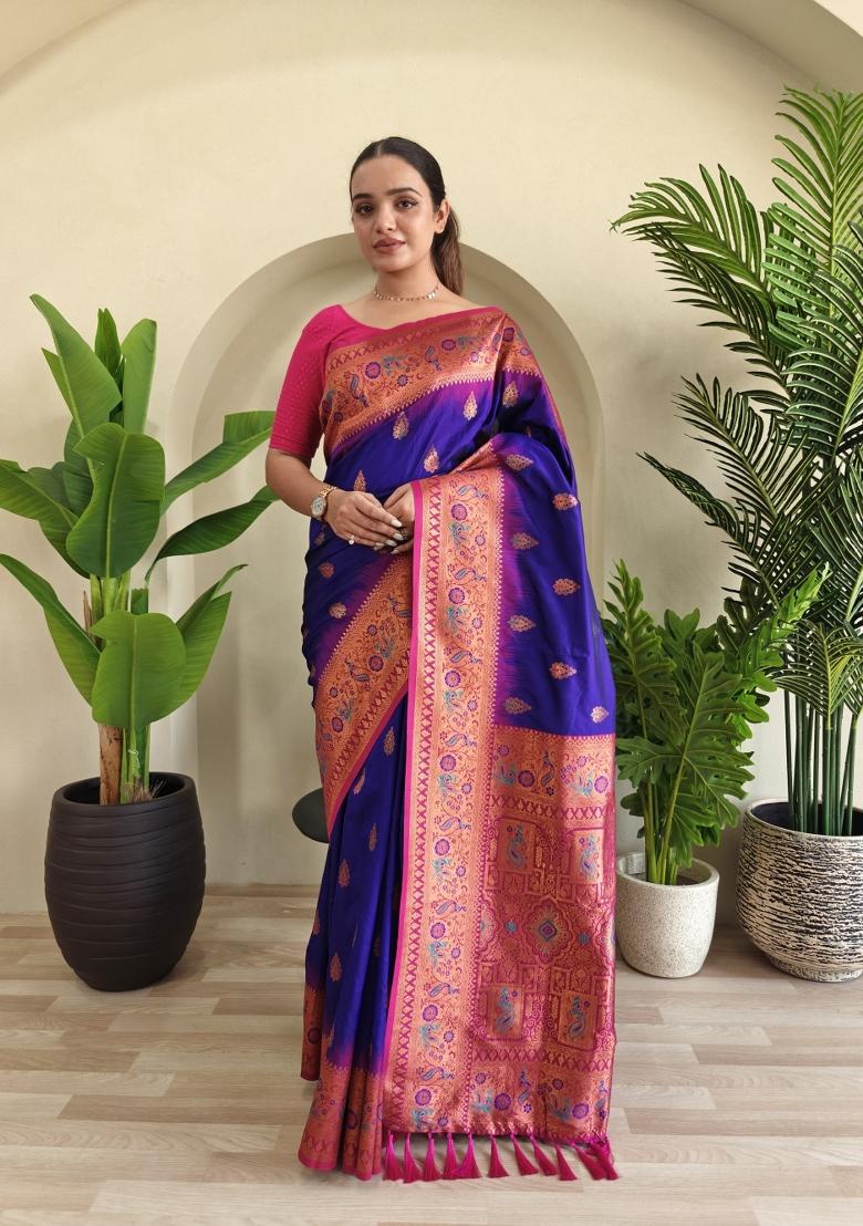 Violet Zari Work Silk Saree Set - Indya